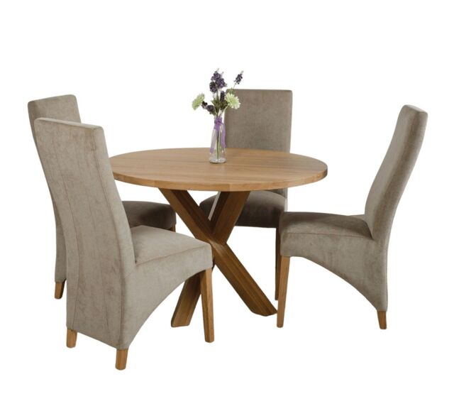 Oregon Round Oak Dining Table and 4 Lola Fabric Chairs Grey Grey 1