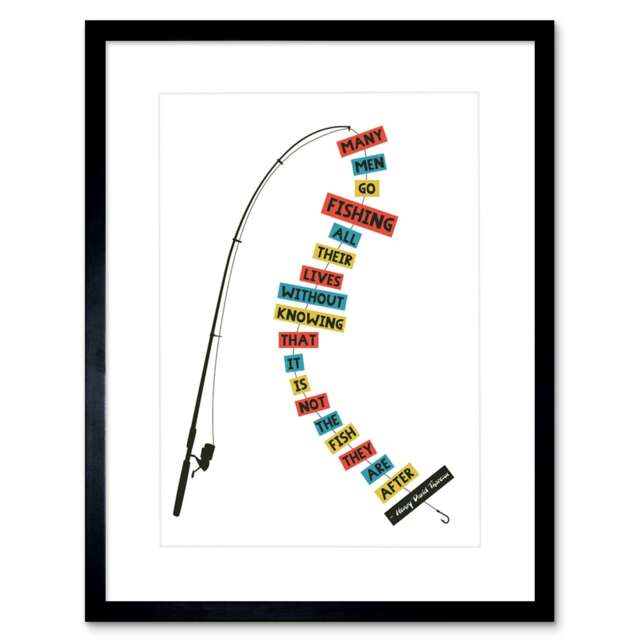 "Men Fishing Thoreau Quote Modern Fun 9x7"" Black Framed Wall Art Print"