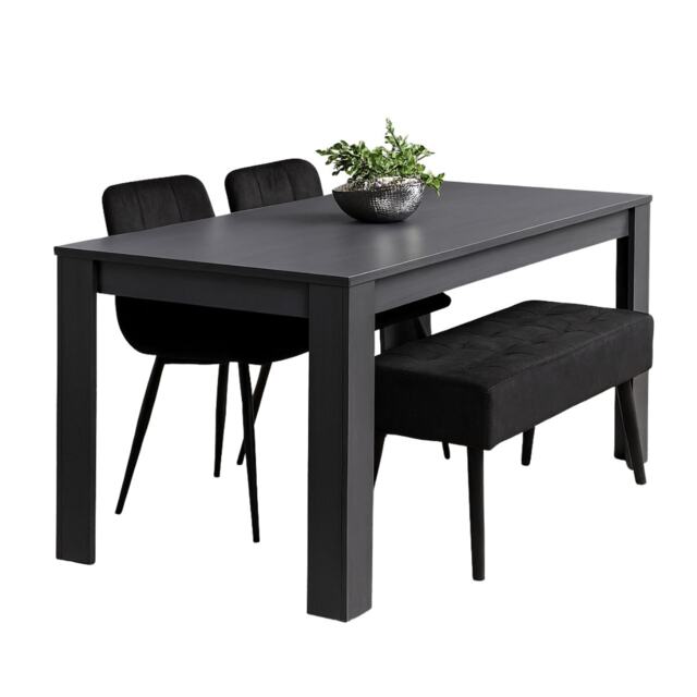 Dark Grey Wooden Dining Table Set with Velvet Chairs , Bench Dining Room