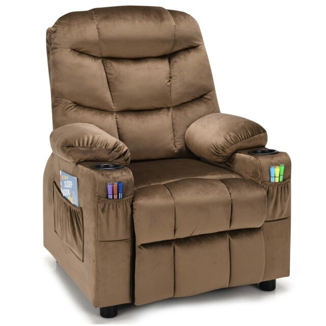 COSTWAY Kids Recliner Chair Velvet Adjustable Sofa Chair Coffee Brown Chair