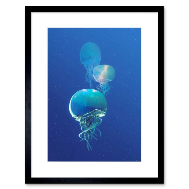 "Celestial Galaxy Stars Jellyfish Photograph Combined Blue 9x7"" Black Framed Wall Art Print"
