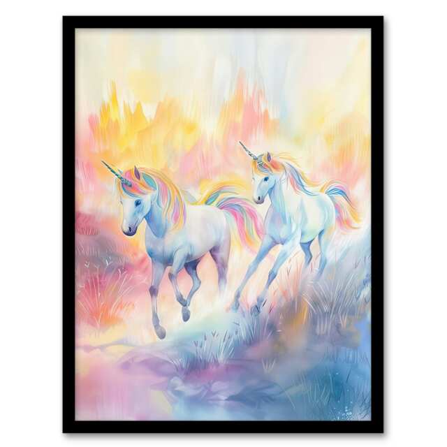 Dreamy Rainbow Unicorns in Pastel Colour Forest Kids Black Framed Wall Art Print A4