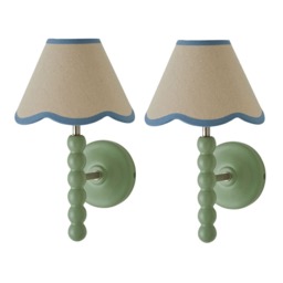 ValueLights Bobbin Pair Green Wall Lights Blue Trim Shade and Bulbs
