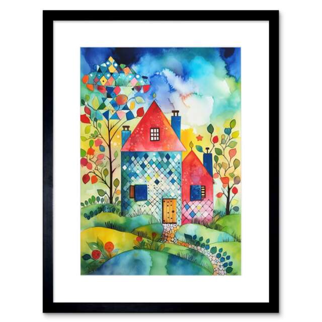 "Colourful Countryside Farmhouse Flowers Folk Art 9x7"" Black Framed Wall Art Print"