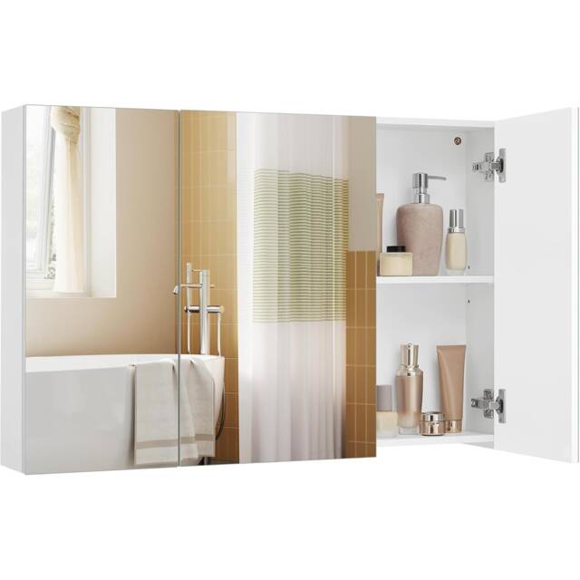 Mirrored Wall Cabinet, Triple Door Bathroom Storage with Adjustable Shelf, Modern Mirror Unit Design, White