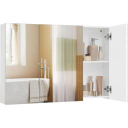 Mirrored Wall Cabinet, Triple Door Bathroom Storage with Adjustable Shelf, Modern Mirror Unit Design, White