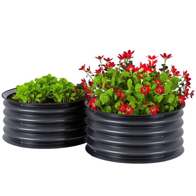 Outsunny Set of 2 Raised Garden Bed Metal Planter Box with Safety Edging, Grey