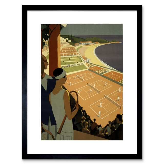 "Monte Carlo Monaco Tennis Vintage Art Deco 9x7"" Black Framed Wall Art Print"