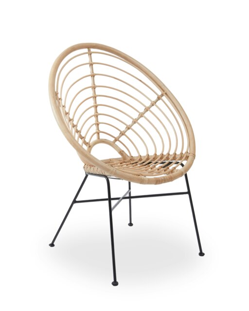 Interiors by Premier Natural Rattan Brown Round Chair with Black Metal Legs, Rattan Dining Chair, Robust Rattan Lounge Chair Cream