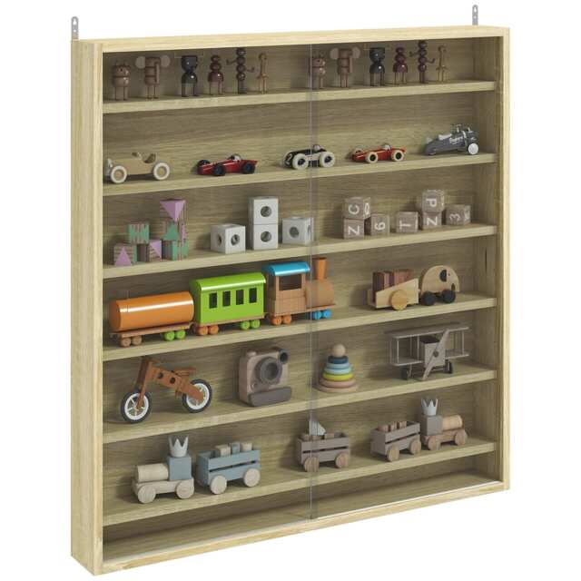 HOMCOM 7-Tier Wall Display Cabinet w/ Shelves Glass Doors, Oak White Oak
