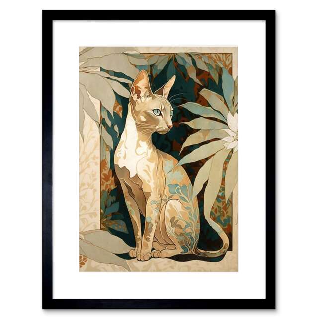 "Oriental Shorthair Cat Botanical Fur Plants 9x7"" Black Framed Wall Art Print"