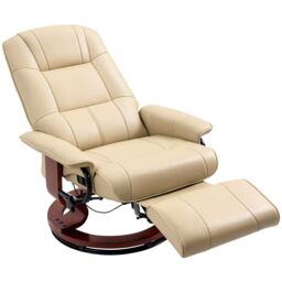 HOMCOM 360 Swivel Recliner Chair with Footstool, Manual Recliner Armchair with Wooden Base, Faux Leather Upholstered Reclining Chair for Living Room, Bedroom, Office, Cream White