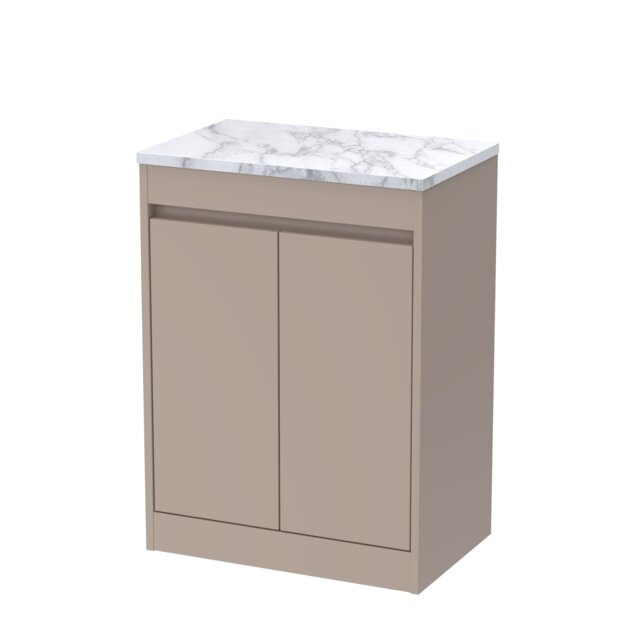 Balterley Chartley Contemporary Floor Standing 2 Door Vanity Unit with Carrera Marble Laminate Worktop, 600mm, Taupe