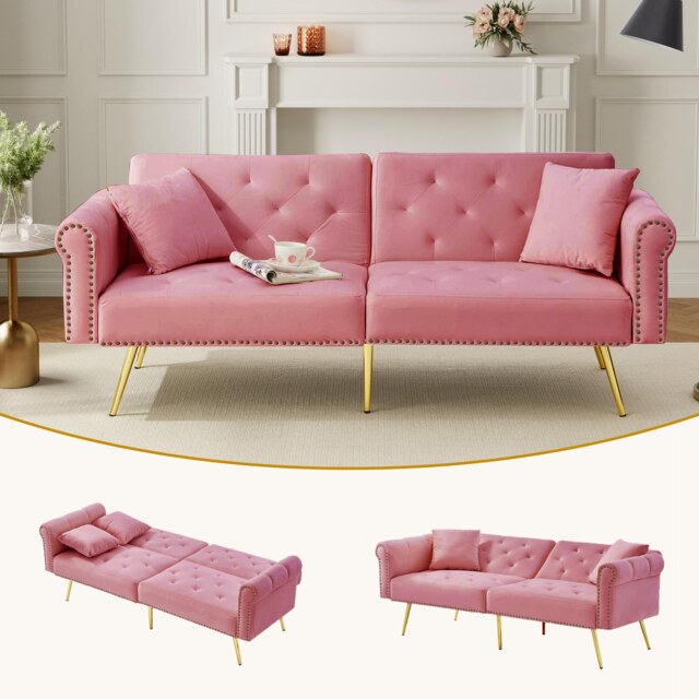 VILUXE 177cm 2 Seater Velvet Sofa Bed with Independent 3-Position Backrests, 150 x 87cm Sleeping Area, Gold-Tone Legs and 2 Cushions, Pink