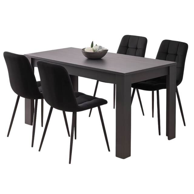 Modern Dining Table Set Whit 4 Black Velvet Chairs Wood Dining Set Furniture