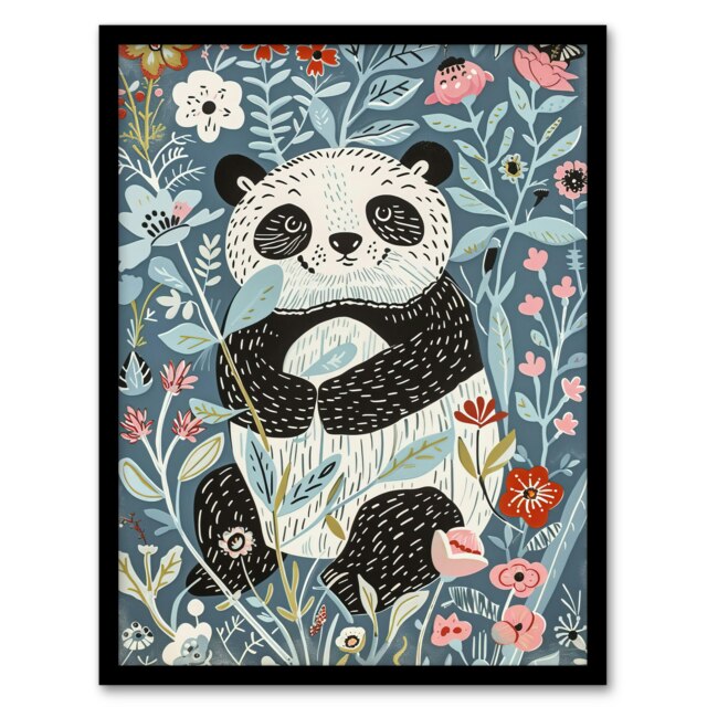 Baby Panda Flower Patch Floral Quirky Kids Bedroom Black Framed Wall Art Print A4