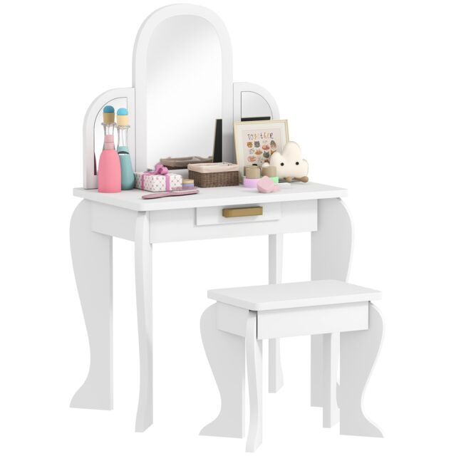 HOMCOM Kids Dressing Table and Stool Kids Vanity Set Makeup Desk w Mirror, Drawer, for Ages 3-6 Years, White White White