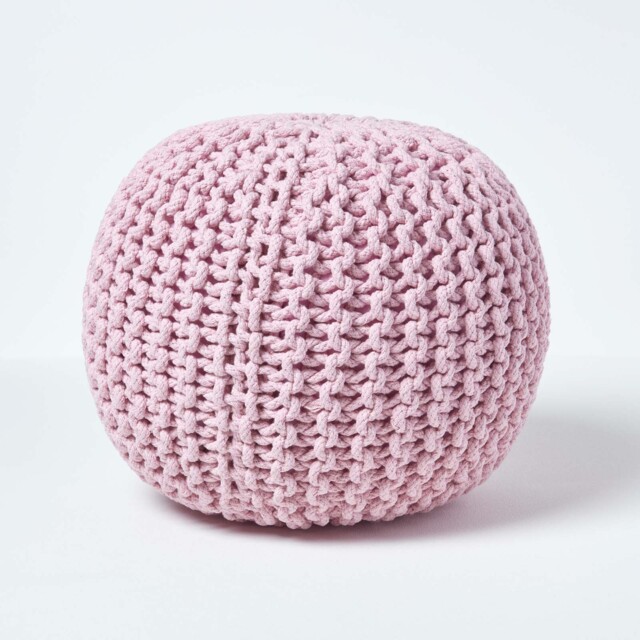 Homescapes Pastel Pink Round Cotton Knitted Pouffe Footstool - 35 x 40 cm Pink H 35cm x W 40cm