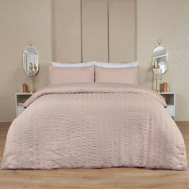 OHS Geometric Ultra Soft Seersucker Duvet Cover Set Cream Cream Natural Single