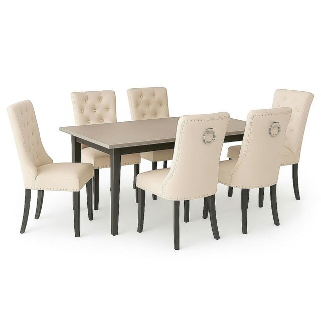 Natural Set of Six Studded Velvet Dining Chair with Ring Knocker Detail Cream Natural