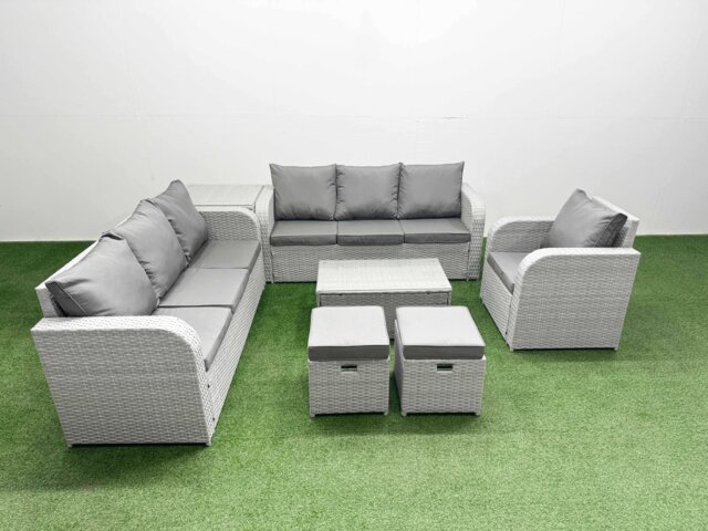 Fimous 9 Seater Poly Rattan Outdoor Garden Furniture Sofa Set Patio 3 Seater Sofa Reclining Chair 3 Seater Sofa Stools Side Table Light Grey