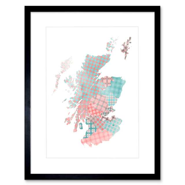 "Scotland Pink Teal Scottish Tartan Map Design 9x7"" Black Framed Wall Art Print"