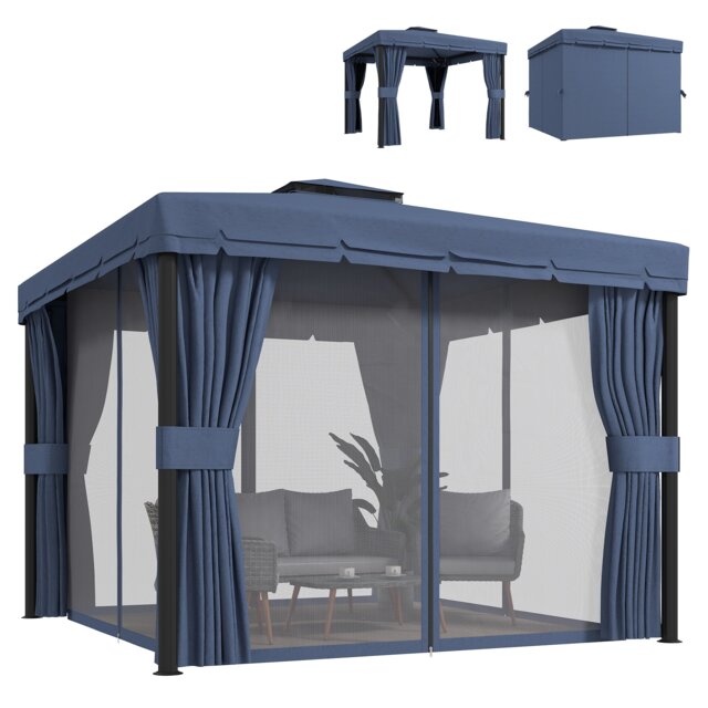 Outsunny 3 x 3(m) Patio Gazebo Garden Shelter w/ Mosquito Netting, Dark Blue Blue Dark Blue 296 x 296 x 265 cm