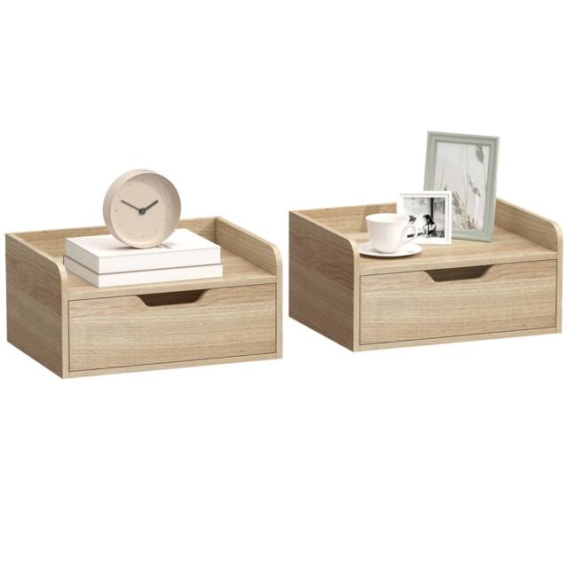 HOMCOM Floating Nightstands Set of 2, Nightstand with Drawer Brown Natural wood 40W x 30D x 19.5H cm