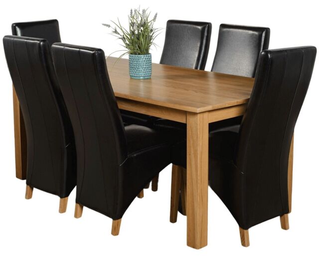 Oslo 180 x 90 cm Large Oak Dining Table and 6 Lola Leather Chairs Black Black
