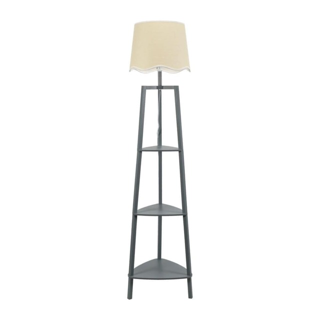 ValueLights Hiru Grey 3 Tier Shelf Floor Lamp White Trim Scallop Shade and Bulb