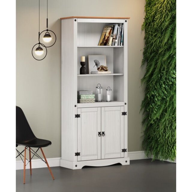 Corona White 2 Door Large Bookcase 4 Shelf Display Cabinet Solid Wood Pine Wooden with Mexican Styling