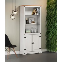 Mercers Furniture Corona White 2 Door Large Bookcase 4 Shelf Display Cabinet Solid Wood Pine Wooden with Mexican Styling