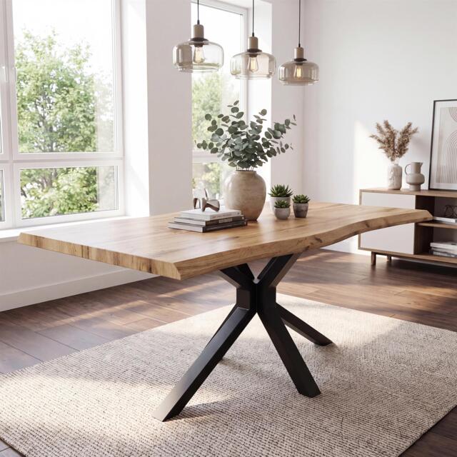 Durable Wooden Dining Table with X-Shaped Iron Legs, Curved Edge for Dining, Work, or Study (Length 140cm)