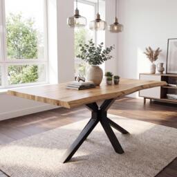 Durable Wooden Dining Table with X-Shaped Iron Legs, Curved Edge for Dining, Work, or Study (Length 140cm)
