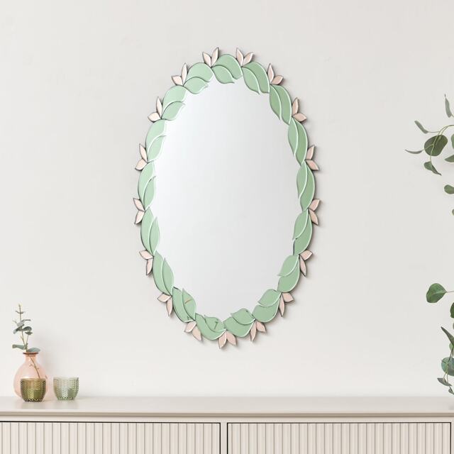 Pink & Green Oval Floral Art Deco Wall Mirror 80cm X 49cm