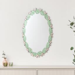 Pink & Green Oval Floral Art Deco Wall Mirror 80cm X 49cm