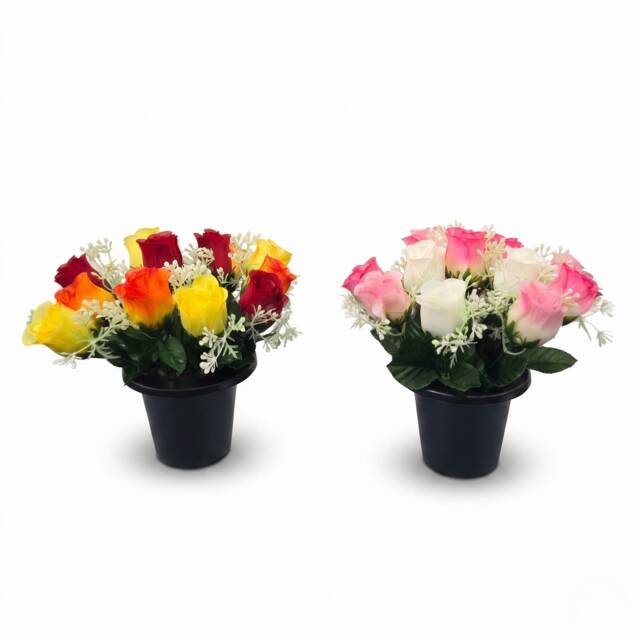 Homescapes Artificial Rosebud & Mimosa Gravepot, Set of 2 Memorial Flowers