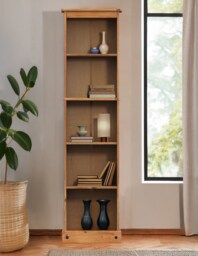 Mercers Furniture Corona Tall Narrow Bookcase Slim Large Display Storage Solid Wood Pine with Mexican Styling Wooden