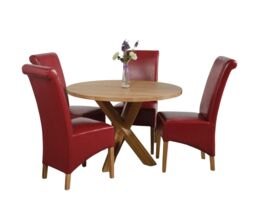 Oregon Round Oak Dining Table and 4 Montana Leather Chairs Red Red 1