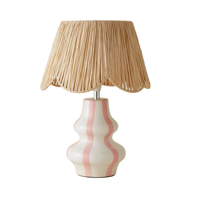 ValueLights Perrie Ceramic Pink Stripe Table Lamp Raffia Shade