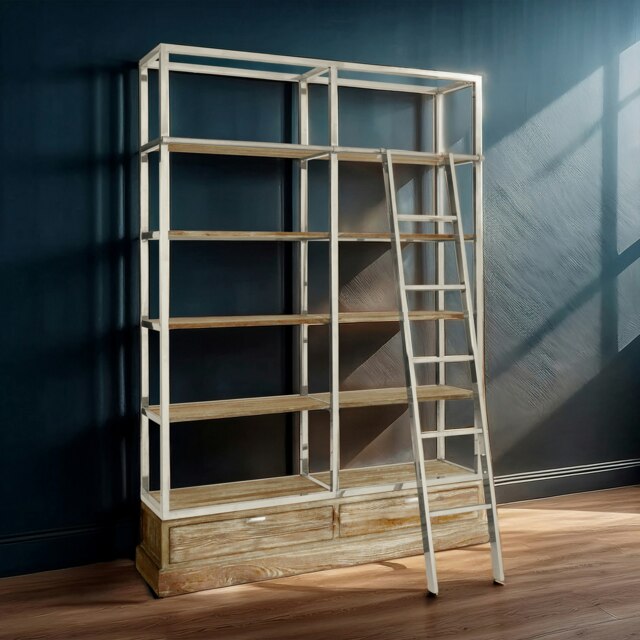 Display Unit With Moveable Ladder,Shelf Unit With Storage Drawers,Wall Shelving Unit,Pine Wood Bookcase Brown