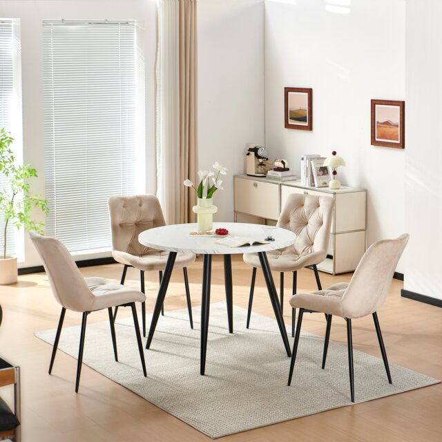 SONARA White Marble Round Dining Table and 4 Velvet Chairs Set Modern 4 Seater for Dining Room