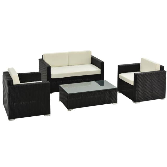 Outsunny 4PC Rattan Sofa Set Outdoor Coffee Table Chair Wicker Garden Black Black Black