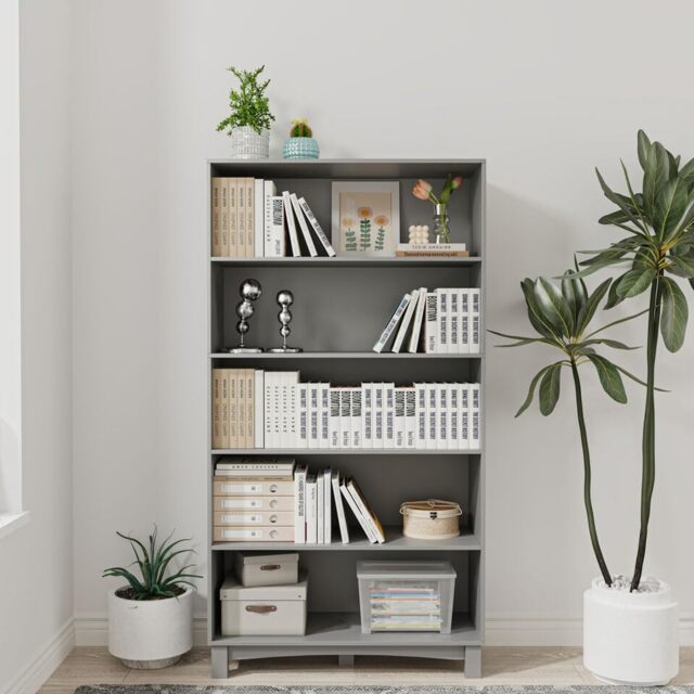 Wide Shelf Tier Wooden Bookcase Shelving Modern Open Display Storage Cabinet Grey Grey 5 Tier Wide 1