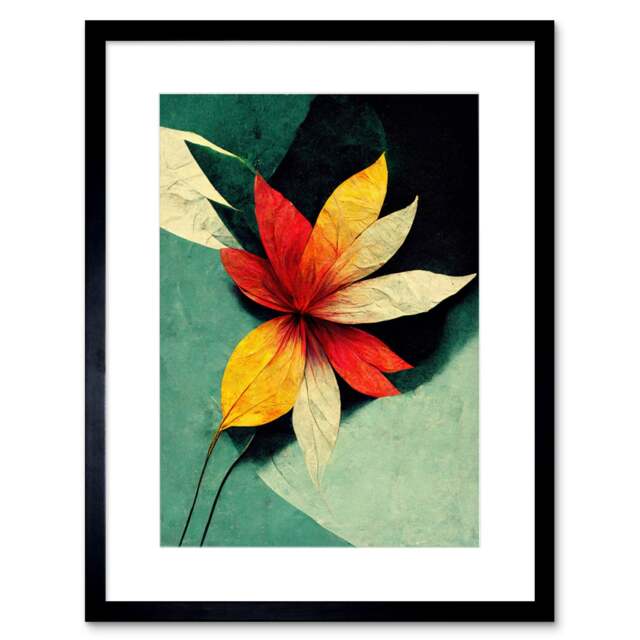 "Abstract Flowers Teal Red Yellow 9x7"" Black Framed Wall Art Print"