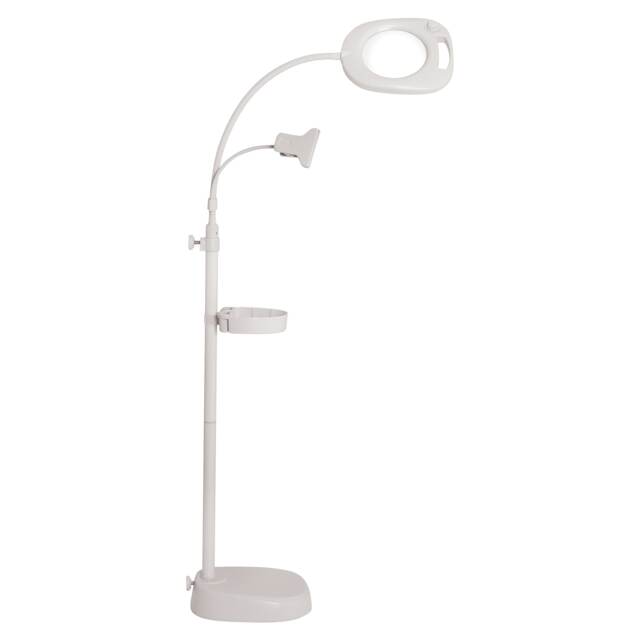 PURElite Magnifying LED Lamp - Floor, Table & Clip-on Light with Chart Holder & Accessories Tray, Flexible for Crafts & Reading White