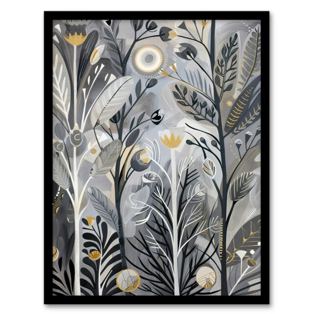 Wildflower Meadow Grey Orange Botanical Folk Art Black Framed Wall Art Print A4