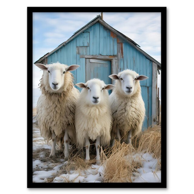 Winter Sheep Hut Photo Farming Home Decor Black Framed Wall Art Print A4