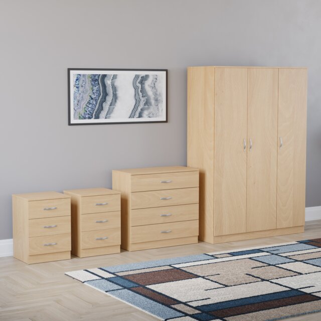 Vida Designs Riano 4 Piece Bedroom Set (2x 3 Drawer Bedside Chest, 4 Drawer Chest, 3 Door Wardrobe) - Pine