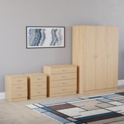 Vida Designs Riano 4 Piece Bedroom Set (2x 3 Drawer Bedside Chest, 4 Drawer Chest, 3 Door Wardrobe) - Pine